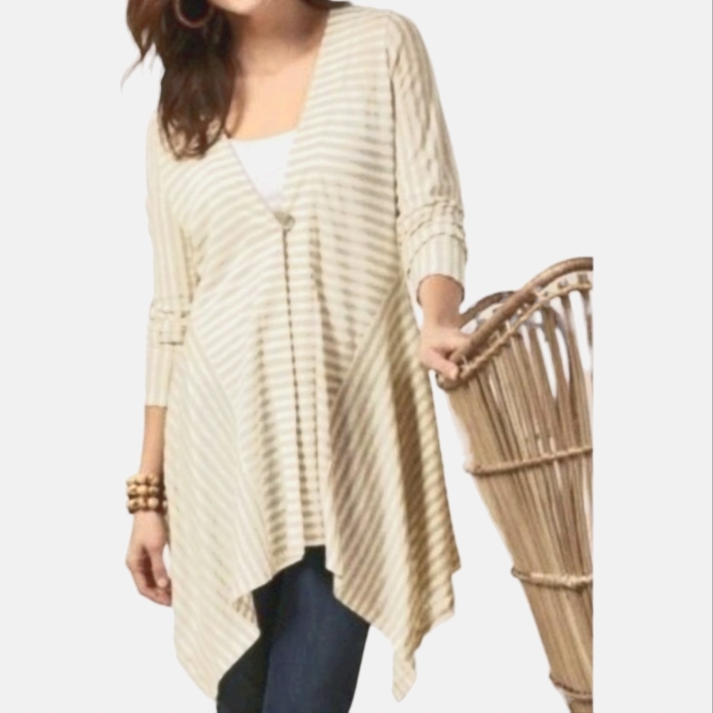 Soft Surroundings Women's Size 1X Cardigan Linen Cream White Stripe One Button